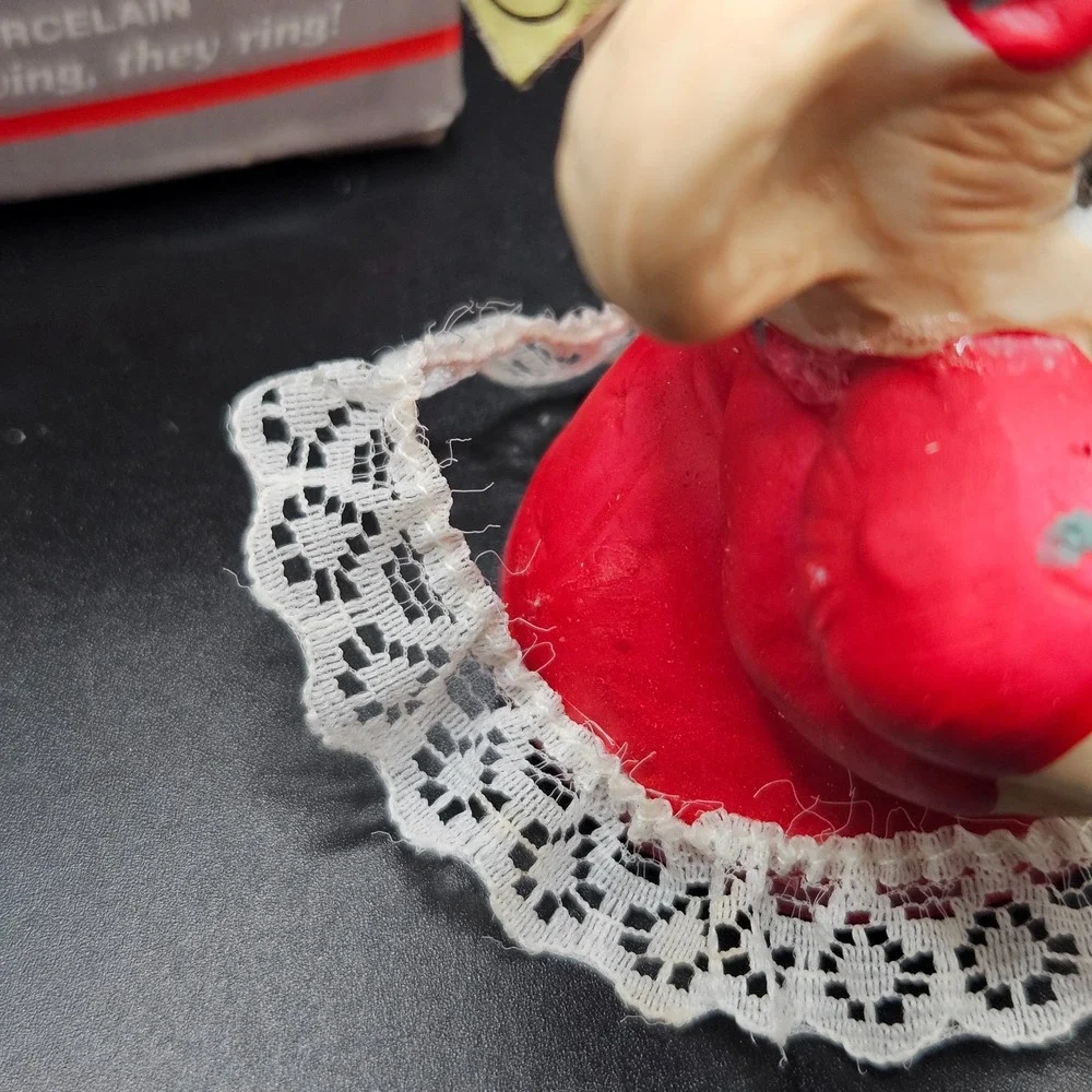 Vintage Chiming Critters Mouse Holding Baby Christmas Ornament Lace Trim 3